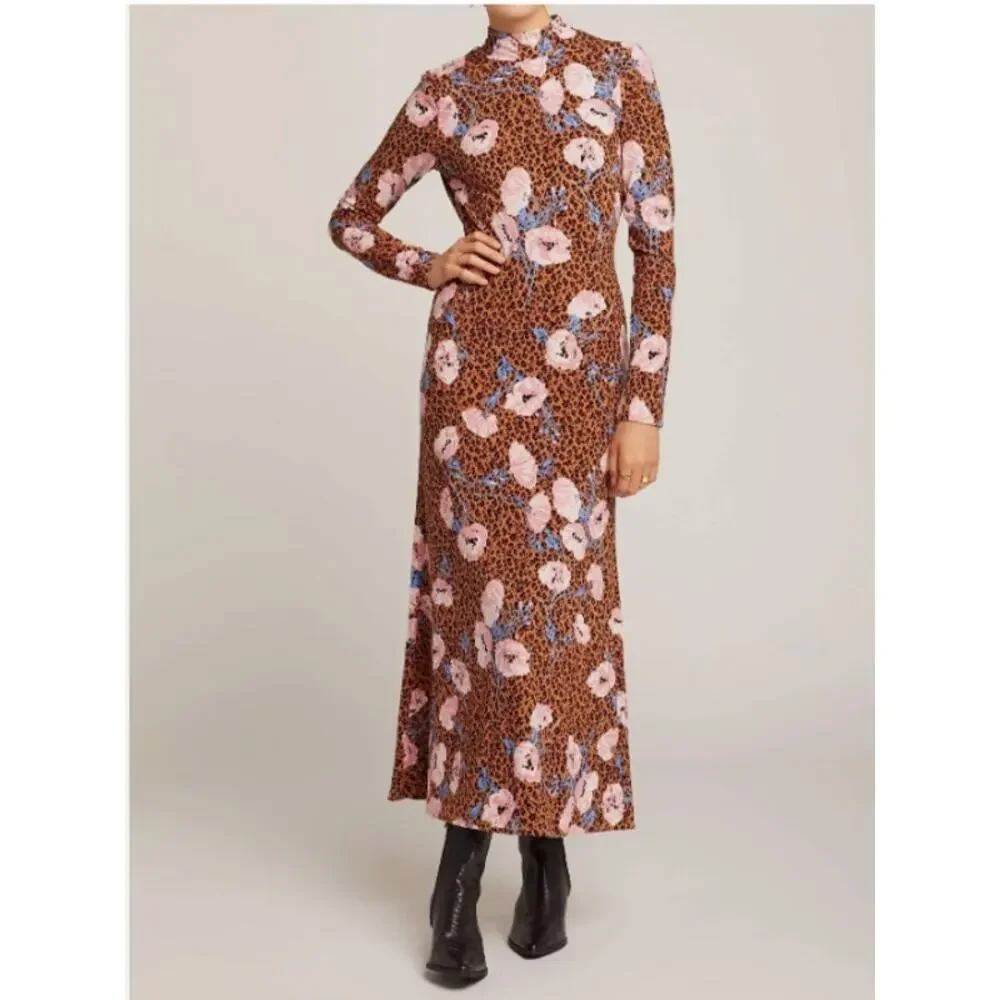 Free People Retro Romance Molly Dress Small Mock Neck Leopard Floral Maxi NWT